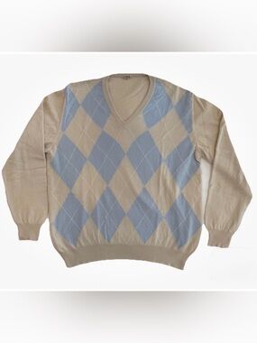 Malo Cashmere Sweater V-Neck Argyle Beige Blue Vintage Italy Size 50 L Luxury
